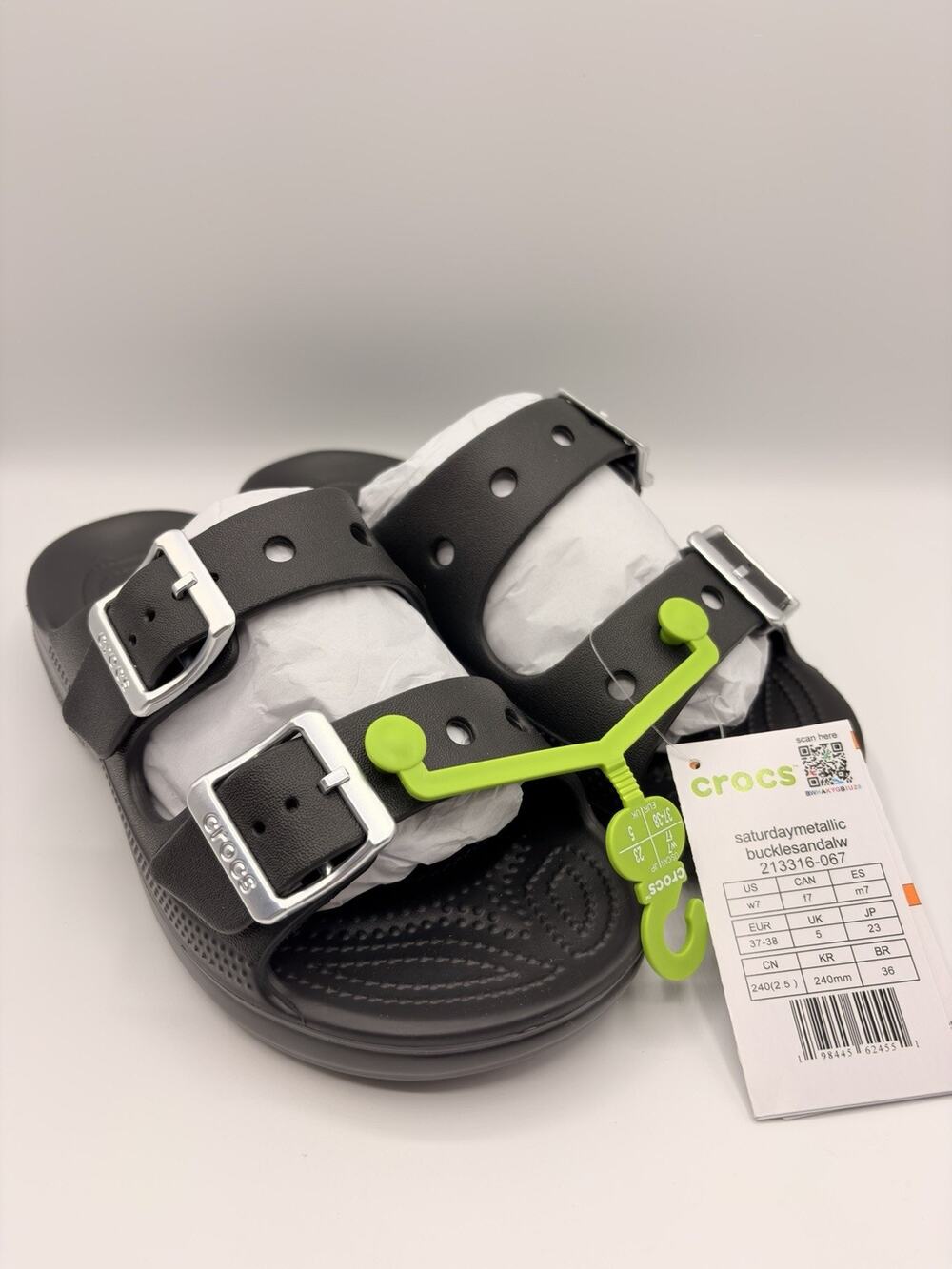 Crocs Women's Saturday Metallic Buckle Sandal Black Sz US 7 EU 38 NWT